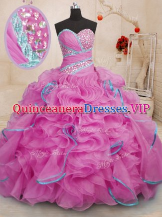 Adorable Rose Pink Quinceanera Dress Military Ball and Sweet 16 and Quinceanera with Beading and Ruffles Sweetheart Sleeveless Brush Train Lace Up