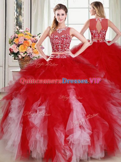 White and Red Quinceanera Dress Military Ball and Sweet 16 and Quinceanera with Beading and Ruffles Scoop Sleeveless Zipper - Click Image to Close