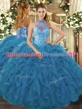 Teal Sleeveless Organza Lace Up Quinceanera Dress for Sweet 16 and Quinceanera