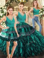 Turquoise Ball Gowns V-neck Sleeveless Organza Floor Length Backless Appliques and Ruffles Vestidos de Quinceanera