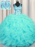 Extravagant V Neck Floor Length Aqua Blue Sweet 16 Dresses Organza Sleeveless Beading and Appliques and Ruffles