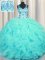 Extravagant V Neck Floor Length Aqua Blue Sweet 16 Dresses Organza Sleeveless Beading and Appliques and Ruffles