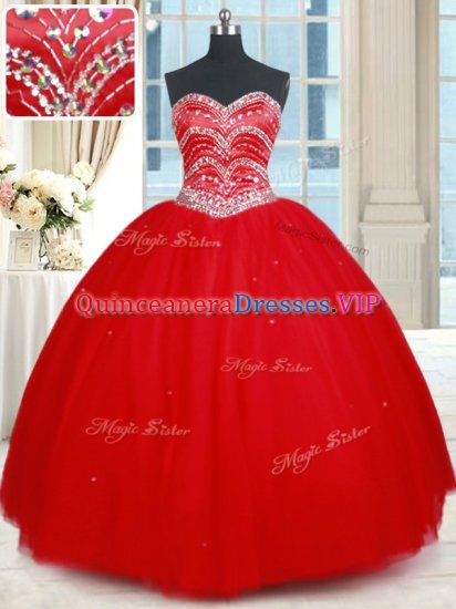 Red Tulle Lace Up Sweetheart Sleeveless Floor Length 15 Quinceanera Dress Beading - Click Image to Close