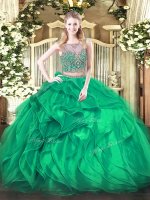 Sleeveless Organza Floor Length Lace Up Ball Gown Prom Dress in Turquoise with Beading and Ruffles