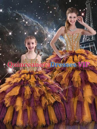 Fabulous Multi-color Ball Gowns Beading and Ruffles and Ruffled Layers 15 Quinceanera Dress Lace Up Organza Sleeveless Floor Length
