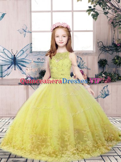 Best Yellow Green Ball Gowns Scoop Sleeveless Tulle Floor Length Backless Lace and Appliques Pageant Dresses - Click Image to Close