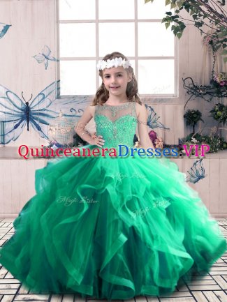 Affordable Green Child Pageant Dress Party and Military Ball and Wedding Party with Beading and Ruffles Scoop Sleeveless Lace Up