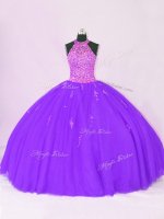 Best Purple Sleeveless Beading and Appliques Floor Length Quinceanera Dress