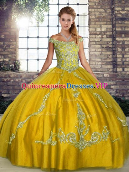 Modern Floor Length Lace Up Sweet 16 Dress Gold for Military Ball and Sweet 16 and Quinceanera with Beading and Embroidery - Click Image to Close