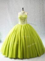 Fantastic Yellow Green Quinceanera Gown Sweet 16 and Quinceanera with Beading Halter Top Sleeveless Lace Up
