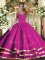 Enchanting Halter Top Sleeveless Sweet 16 Dress Floor Length Ruffled Layers Fuchsia Tulle