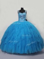 Blue Lace Up Quinceanera Dress Beading and Ruffles Sleeveless Floor Length
