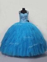 Blue Lace Up Quinceanera Dress Beading and Ruffles Sleeveless Floor Length