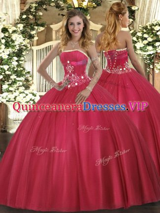 Modest Red Sleeveless Floor Length Beading Lace Up Vestidos de Quinceanera