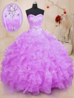 Custom Made Lilac Ball Gowns Beading and Ruffles Quince Ball Gowns Lace Up Organza Sleeveless Floor Length