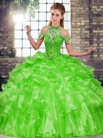 Admirable Green Quince Ball Gowns Military Ball and Sweet 16 and Quinceanera with Beading and Ruffles Halter Top Sleeveless Lace Up(SKU SJQDDT2114002-3BIZ)