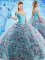 Off the Shoulder Backless Multi-color Ball Gown Prom Dress Fabric With Rolling Flowers Court Train Sleeveless Beading and Appliques and Ruffles