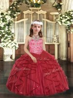 Red Ball Gowns Beading and Ruffles High School Pageant Dress Lace Up Tulle Sleeveless Floor Length