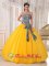 Pretty Golden Yellow and Printing Quinceanera Dress For Bethany Beach Delaware/ DE Strapless Bowknot Decorate Tulle Ball Gown