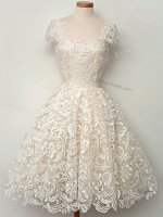 Classical Knee Length A-line Cap Sleeves Champagne Court Dresses for Sweet 16 Lace Up