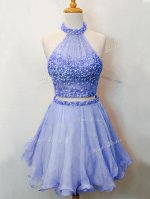 Sleeveless Knee Length Beading Lace Up Quinceanera Dama Dress with Lavender