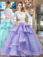 Scoop Lavender Two Pieces Beading and Lace and Ruffled Layers 15 Quinceanera Dress Zipper Tulle and Lace Long Sleeves Floor Length(SKU SXQD020BIZ)