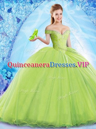 Dazzling Yellow Green Organza Lace Up Sweet 16 Dress Sleeveless Brush Train Beading