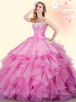Organza Sweetheart Sleeveless Lace Up Beading and Ruffles Vestidos de Quinceanera in Rose Pink
