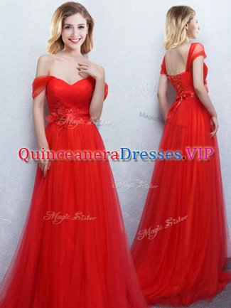 Off the Shoulder Sleeveless Brush Train Lace Up With Train Appliques and Ruching Quinceanera Dama Dress