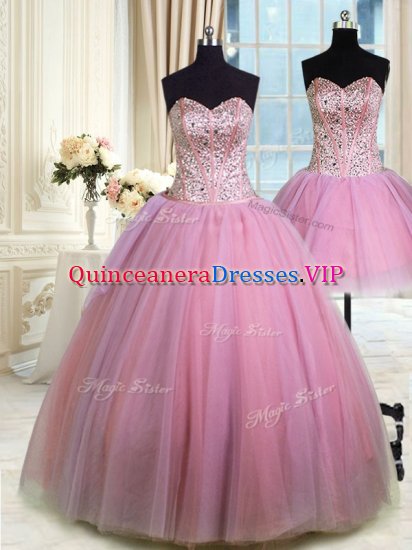 Wonderful Three Piece Sweetheart Sleeveless Lace Up Quince Ball Gowns Lavender Tulle - Click Image to Close