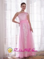 Alachua FL One Shoulder Pink Column Floor-length Tulle and Taffeta Quinceanera Dama Dress With Embroidery and Rhinestones(SKU PDATS7760BIZ)