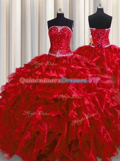 Suitable Wine Red Lace Up Strapless Beading and Ruffles Quince Ball Gowns Organza Sleeveless - Click Image to Close