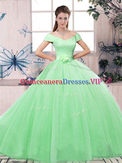 Excellent Tulle Short Sleeves Floor Length Sweet 16 Dress and Lace and Hand Made Flower - Click Image to Close
