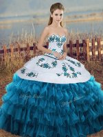 Deluxe Sweetheart Sleeveless Quinceanera Gowns Floor Length Embroidery and Ruffled Layers and Bowknot Blue And White Organza