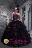 Montgomery TX Strapless Appliques and Decorate Bodice Ruffles Taffeta and Organza Exclusive Drak Purple and Black Christmas Party Dress