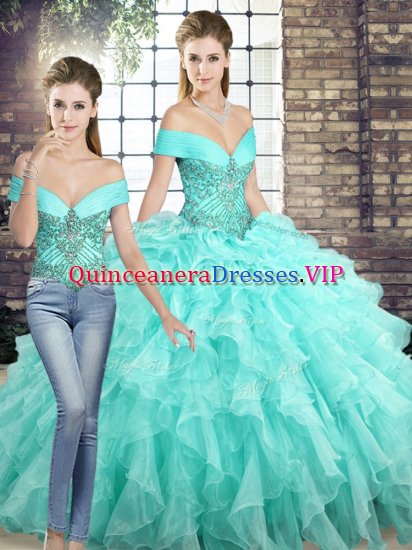 Traditional Aqua Blue Lace Up Off The Shoulder Beading and Ruffles 15 Quinceanera Dress Organza Sleeveless Brush Train - Click Image to Close