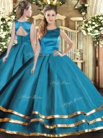 Deluxe Sleeveless Tulle Floor Length Lace Up 15th Birthday Dress in Teal with Ruffled Layers