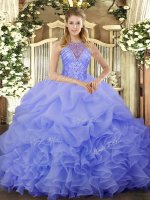 Floor Length Blue 15 Quinceanera Dress Organza Sleeveless Beading and Ruffles and Pick Ups