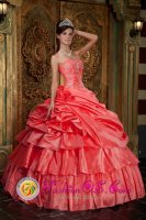 Discount Watermelon Strapless Quinceanera Dress With Beading Ruffles IN Oneida NY IN Freeport NY