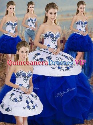 Adorable Royal Blue Lace Up Sweetheart Embroidery and Ruffles and Bowknot Quinceanera Gowns Tulle Sleeveless