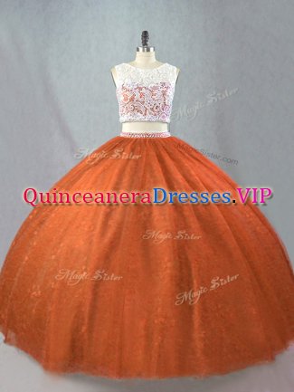 Tulle Scoop Sleeveless Zipper Beading Quinceanera Gown in Rust Red