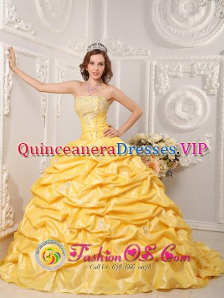 Amsterdam NY Strapless Court Train Taffeta Appliques and Beading Brand New Yellow Quinceanera Dress Ball Gown