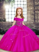 Dramatic Fuchsia Tulle Lace Up Little Girl Pageant Gowns Sleeveless Floor Length Beading(SKU PAG1207-1BIZ)