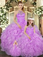 Lilac Halter Top Lace Up Beading and Ruffles Vestidos de Quinceanera Sleeveless