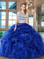 Backless Scoop Sleeveless Quinceanera Dress Floor Length Beading and Ruffles and Pick Ups Royal Blue Organza(SKU SXQD047-1BIZ)