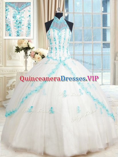 White Halter Top Lace Up Beading and Appliques Sweet 16 Dress Sleeveless - Click Image to Close