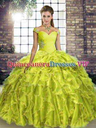 Off The Shoulder Sleeveless Brush Train Lace Up Vestidos de Quinceanera Yellow Green Organza