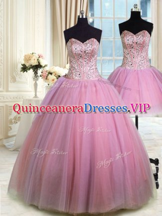 Wonderful Three Piece Sweetheart Sleeveless Lace Up Quince Ball Gowns Lavender Tulle