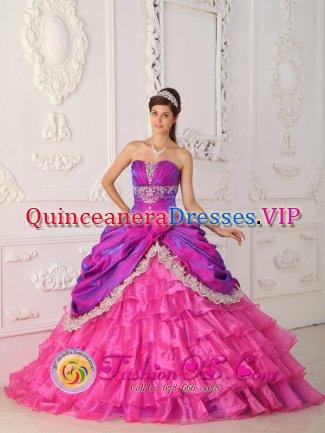 WellsMaine/ME Hot Pink Ruffles Layered Quinceanera Dress With Appliques and Lace