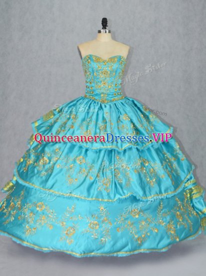Artistic Satin and Organza Sweetheart Sleeveless Lace Up Embroidery and Ruffled Layers Sweet 16 Dress in Baby Blue - Click Image to Close
